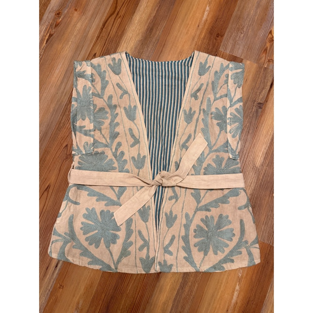 Maufrais-Austin Embroidered Floral Tie Waist Vest Striped Lining Boho Sleeveless